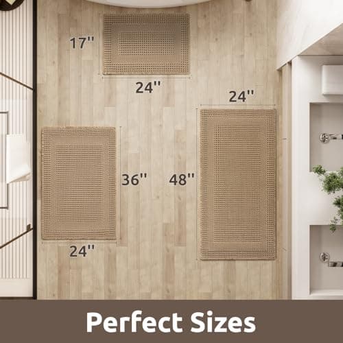 AMOAMI Waffle Bath-Mat, Absorbent Bath Mats for Bathroom Non Slip, Machine Washable Bathroom Rugs with Tassels Ultra Soft Boho Bath Rugs for Floor 2'x4'(24"x48") Beige view 2