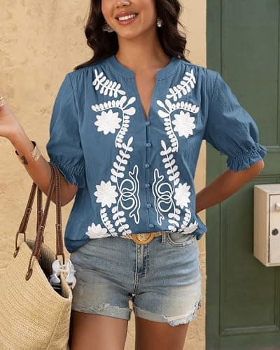 BTFBM Women's 2026 Spring Tops Casual Floral Boho V Neck Puff Short Sleeve Button Down Shirts Embroidered Blouses Tunic view 5