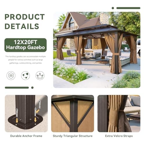 Aoxun 12'x20' Hardtop Gazebo, Aluminum Frame Permanent Pavilion with Curtains and Netting, Outdoor Polycarbonate Double Roof Canopy, Designed for Garden, Lawns, Patio view 5