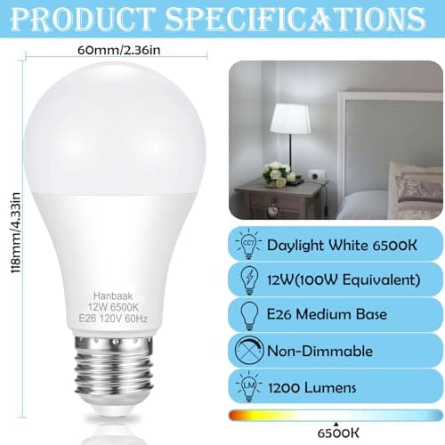 Hanbaak E26 LED Bulb, 100W Equivalent Light Bulb, 12W Medium Base Bulb, Non-Dimmable, Daylight White 6500K, 1200lumen, 10Packs view 2