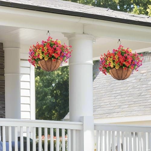 Hananona 2 Set Artificial Outdoor Flowers with Hanging Basket, 2 Hanging Planters with 24 Pcs Flowers for Spring Summer Front Porch Garden Patio Home Decor (2, Red, Purple, Yellow, Rose Red) view 5