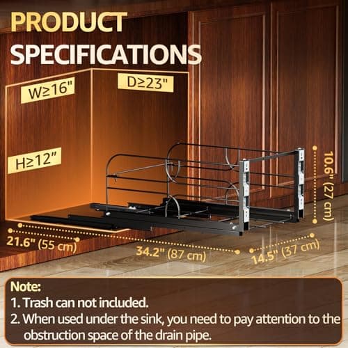 RUNMI Double Pull Out Trash Can Under Cabinet with Soft-Close Slides, 200LB Heavy-Duty Black Under Sink Trash Can Pull Out for Kitchen, Fits Minimum Cabinet Opening 16" W x 23" D, Can Not Included view 3