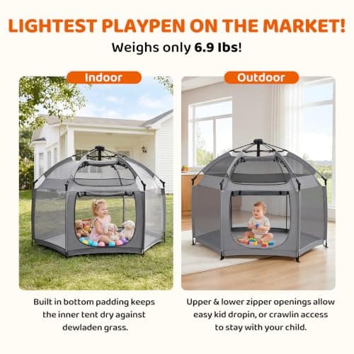 Dripex Baby Playpen, Portable Pop Up Playpen with Canopy, Beach Tent Grey | Petite-Friendly Easy Setup,Auto Anti-Pinch Lock,Zippered Access Window,Bug-Free Outdoor Play,Quick Buckle Folding Storage view 6