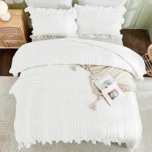 WONGS BEDDING White Queen Comforter Set,Boho Ruffle Comforter for Queen Bed,Soft Seersucker Shabby Chic Bedding Set with 1 Comforter,2 Tufted Pillowcases 90"×90" view 4