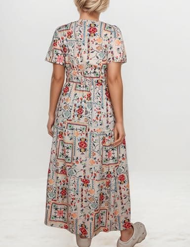 ACCPUR Women's Summer Boho Maxi Dresses Floral V Neck Tiered Short Sleeve Long Dress Flowy Beach Vacation Dress with Pockets view 6