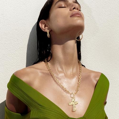 Punhem Chunky Gold Necklace for Women - 14K Gold/Silver Plated Trendy Dainty Non Tarnish Thick Chain Statement Charm Necklace with Vintage Toggle Clasp Fashion Jewelry Set Gift view 2