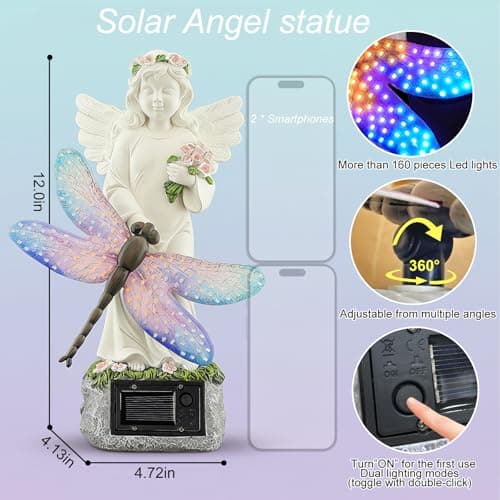 Starryfill Solar Angel Garden Statue with Color Changing Dragonfly Lights - 12 Inch Hand-Painted Resin Figurine, Auto Dusk-to-Dawn Waterproof Outdoor Decor for Patio, Yard, Lawn, Memorial Mother Gift view 2