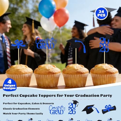 Oeyliz Graduation Cupcake Toppers 2026 Graduation Theme Cupcake Toppers Glitter 2026 Grad Cap Congrats Grad Diploma Cupcakes Toppers 24 PCS For 2026 Graduation Cake Decorations Supplies Blue view 3