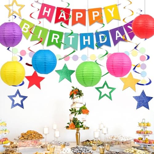 Happy Birthday Decorations, Colorful Birthday Party Decorations Set with Happy Birthday Banner, Paper Lanterns, Star Swirl Hanging Decorations & Circle Dots Garland view 6