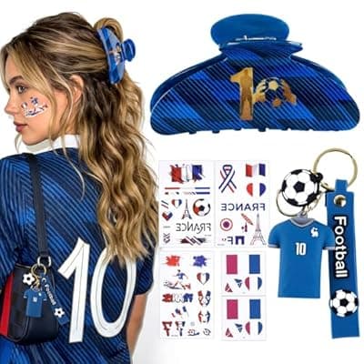 ANFONG World Cup Merch Gifts Set: Midnight Navy No.10 Pattern Hair Clip, World Cup Jersey Keychain & France Flag Tattoos, Soccer Fan Accessories for Women, World Cup Party Favors & Game Day Outfit