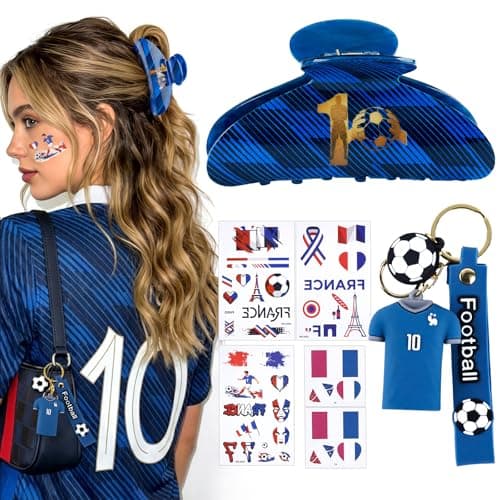 ANFONG World Cup Merch Gifts Set: Midnight Navy No.10 Pattern Hair Clip, World Cup Jersey Keychain & France Flag Tattoos, Soccer Fan Accessories for Women, World Cup Party Favors & Game Day Outfit — image 1