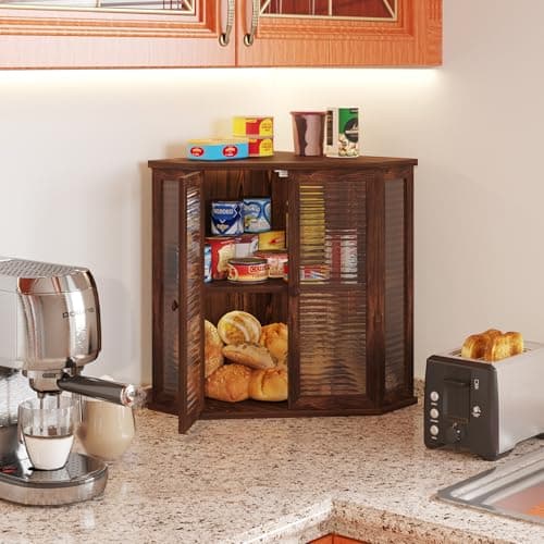 WouZglk Extra Large Corner Bread Box for Kitchen Countertop, 16.5 Inch Charred Pine 2-Tier Breadbox with Glass Wavy Door Panel, Vintage Farmhouse Style Wood Design (Pine Wood) view 4