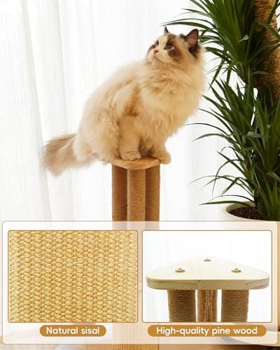 Cat Scratching Post, 26.3 Inch Scratch Post for Indoor Cats, Sisal Scratcher Posts for Medium/Small Cat, with Sturdy Wood Hexagonal Base, Silver Vine Feather Toy & Scratch Pad, Kitten Toys view 3