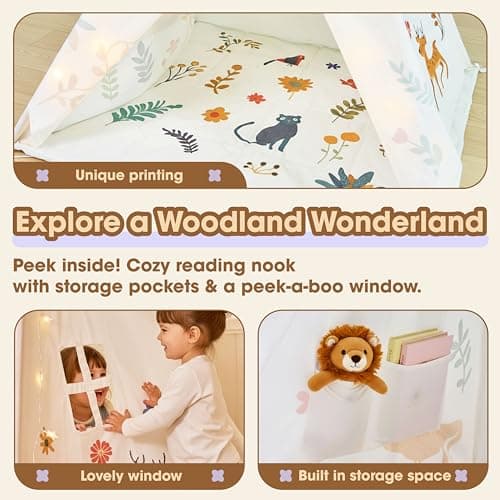 Teepee Tent for Kids with Lights, Kids Play Tent Indoor with Thicked Mat & Dream Catcher, Toddler Tent with Storage Pockets and Mesh Window for Reading Nook and Imaginative Games view 4