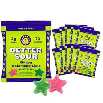 Better Sour Guava Calamansi Lime Gummy Stars Candy, Guava Sour Candy with Bold Tropical Flavor, Healthy Sour Candy Gluten Free Snack, Fiber Gummies with Fiber Support (Pack of 10)