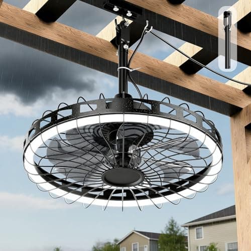 Unenrui 20" IP65 Waterproof Outdoor Ceiling Fan with Light, Plug-in Caged Hanging Fan, 3CCT Dimmable & 6-Speed Adjustment for Patio Porch Pergola Gazebo — image 1
