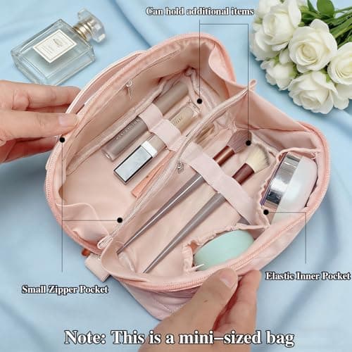 STOMKIRE Pink Soft Leather Small Makeup Bag for Purse Small Makeup Pouch Cute Cosmetic Bag Mini Travel Toiletry Bag Quilted Lay Flat Make up Bag for Women view 2
