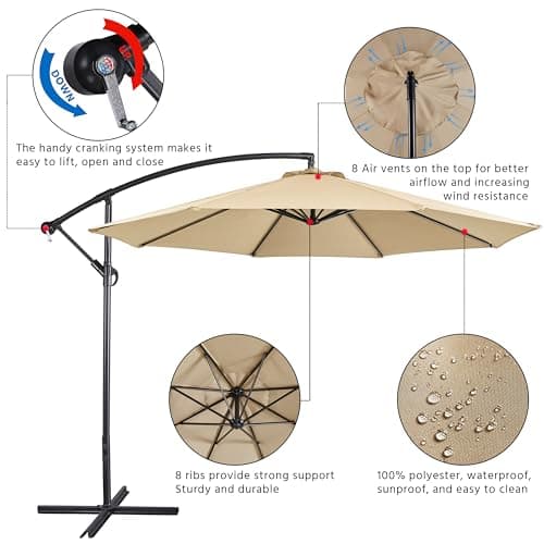 Yaheetech 10FT Patio Offset Umbrella - Cantilever Hanging Outdoor Umbrellas w/UV Protection & 8 Ribs & Handy Crank & Cross Base for Market/Garden/Lawn/Deck/Backyard/Pool - Tan view 5