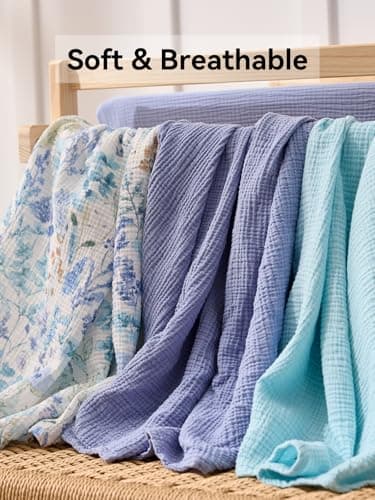 TILLYOU 3 Pack Muslin Swaddles for Newborns Baby Blankets for Girls Boys Cotton Swaddle Blankets 47"X47", Blue Flower view 4