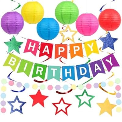 Happy Birthday Decorations, Colorful Birthday Party Decorations Set with Happy Birthday Banner, Paper Lanterns, Star Swirl Hanging Decorations & Circle Dots Garland