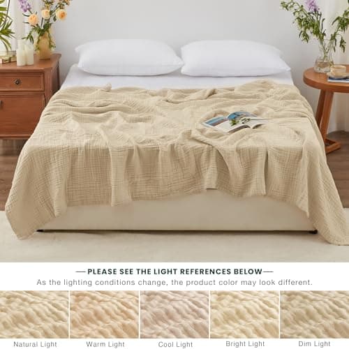Love's cabin 100% Cotton Muslin Blanket, 6 Layer Lightweight Breathable Gauze Queen Size Blanket 90 x 90 Inches, Soft All Season Blanket for Bed, Khaki view 6