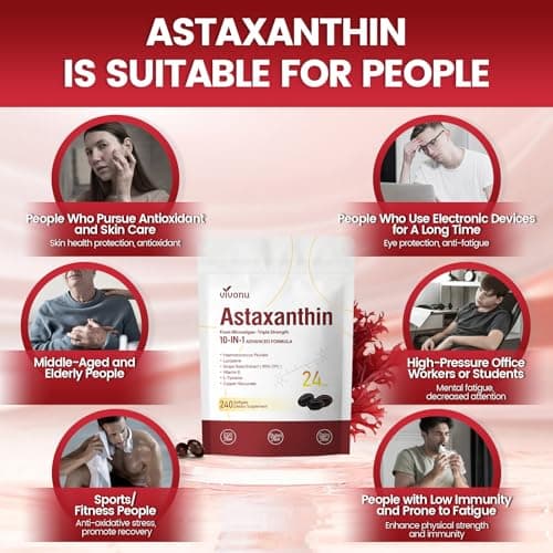 10 in 1 Astaxanthin Supplements 24mg, 4 Month Supply, Astaxantina Antioxidant from Fresh Haematococcus Pluvialis, Contains Lycopene, Grape Seed, Vitamin E, & More Supports Eye, Joints, Skin Health view 6