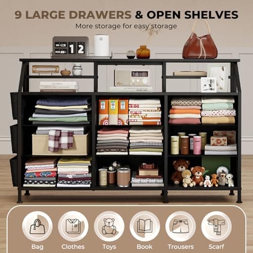 Miereirl 55''W Dresser for Bedroom, 9 Fabric Drawers & 2 Open Shelves for Closet, Bedroom Dresser with Side Pocket, Wide Chest of Drawers, for Bedroom, Living Room,Hallway (Black) view 4