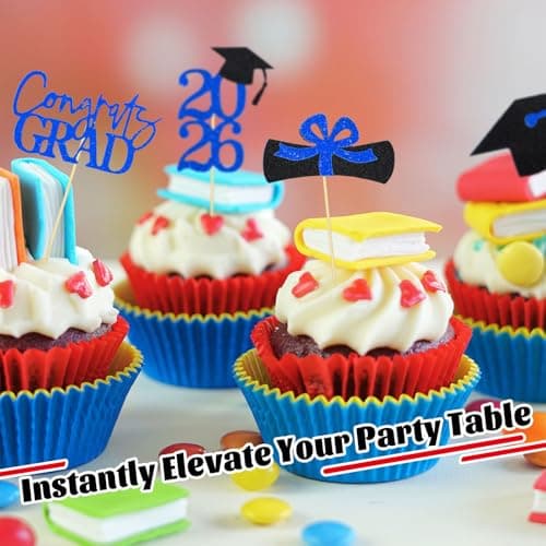 Oeyliz Graduation Cupcake Toppers 2026 Graduation Theme Cupcake Toppers Glitter 2026 Grad Cap Congrats Grad Diploma Cupcakes Toppers 24 PCS For 2026 Graduation Cake Decorations Supplies Blue view 4