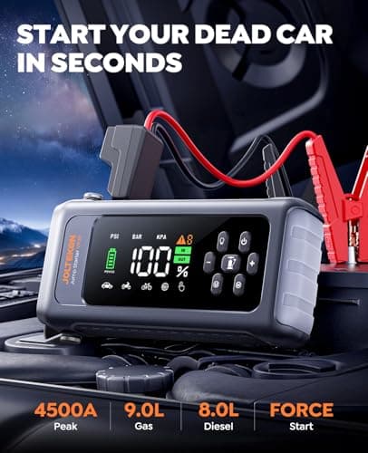 JOLTEKON Car Battery Jump Starter with Air Compressor 4500A 150PSI, Car Jumper Starter Portable (9L Gas/8L Diesel), Jump Box Car Battery with Auto-Shutoff Tire Inflator, Jumper Cables and Light view 2