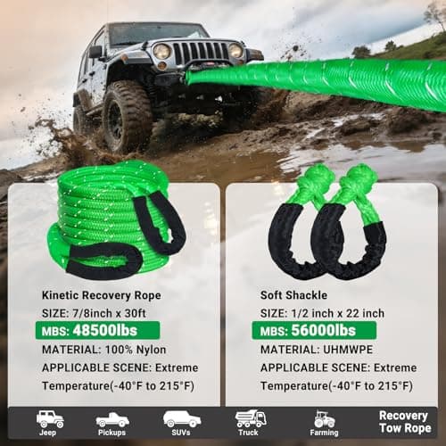 DAJOUJS Kinetic Recovery Tow Rope 7/8" x 30ft Tow Strap 48500lbs Snatch Strap with 2Pcs Soft Shackles 56000lbs Break Strength Heavy Duty Kinetic Towing Rope for Truck ATV UTV Offroad Recovery Rope Kit view 3