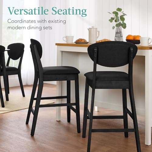 Best Choice Products Set of 2 Counter-Height Bar Stools, Mid-Century Modern, Armless Wood Stools W/Upholstered Seat Cushion & Backrest for Kitchen Island or Dining Room Bar - Black/Black view 4