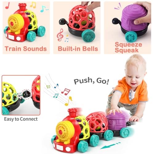 WEEJOYGAM Train Baby Toys 6-12 Months, Infant Soft Cars for Toddlers 1-3 Boy Easter Basket Stuffers Birthday Gift 6 7 8 9 10 Month 1 Year Old Boy Cause Effect Montessori Musical Push Truck Ball Rattle view 2