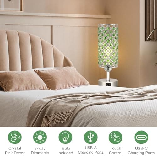 Hong-in Green Crystal Table Lamp - 3-Way Dimmable Touch Control, Bedside Lamp with USB C and A Ports, Nightstand Light for Living Room, Bedroom, Home Office (Bulb Included) view 6