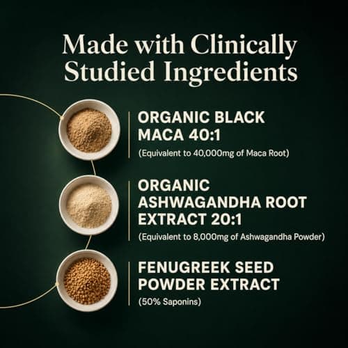 Organic Peruvian Black Maca Root Capsules - 1,500mg 40X Strength with Ashwagandha & Fenugreek - 3-in-1 Adaptogen Complex for Women & Men - Non-GMO Vegan (60 Ct) view 4