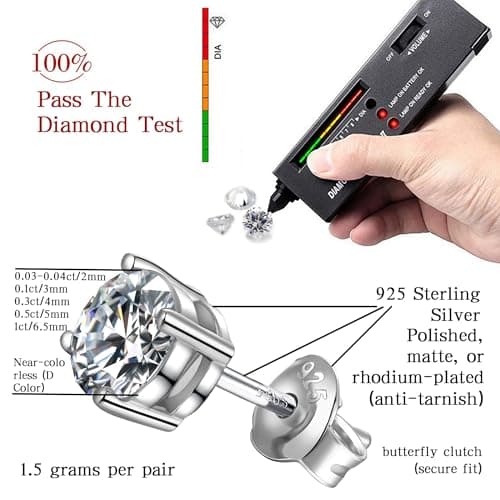 Handi Queen Moissanite Stud Earrings for Men Women, 925 Sterling Silver 18K White Gold Plated, 1CT 6.5mm Round Cut, VVS1 D Color （0.6-2ct） view 2