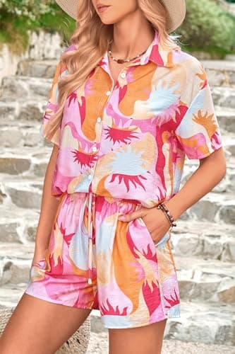 PRETTYGARDEN 2 Piece Sets for Women Summer Clothes 2026 Printed Button Down Shirts Tops Lounge Shorts Beach Vacation Outfits view 6