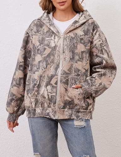 ACCPUR Women Camo Hoodie Oversized Fleece Full Zip Up Sweatshirt Casual Long Sleeve Jackets Trendy Fall Clothes With Pockets view 2