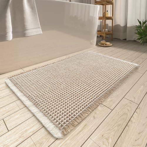 AMOAMI Upgraded Waffle Bath Mat, Super Absorbent Non Slip Bath Mats for Bathroom Floor, Machine Washable Bathroom Rugs with Tassels, Rubber Backed Bathroom Mats, Ultra Soft, 17" x 24",Brown & Cream view 1