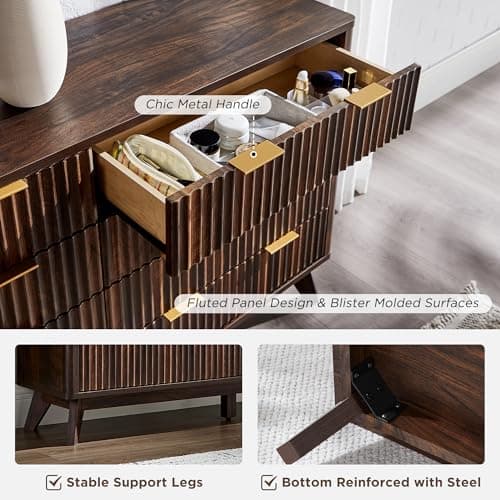 T4TREAM Fluted 8 Drawers Dresser, 54" Wide Modern Chest of Drawers, Curved Profile Design, Dresser TV Stand, Wood Drawer Organizer for Bedroom, Living Room, Hallway, Dark Walnut view 6