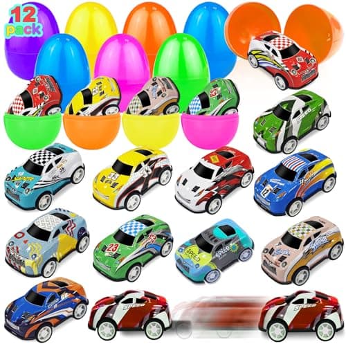 AMENON 12 Pack Easter Eggs with Pull Back Race Cars Toys, 2.2" Colorful Mini Vehicles in Surprise Eggs for Easter Egg Hunt, Easter Basket Essential Gifts Birthday Party Favors for Boys Ages 3+