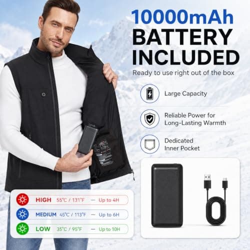 CHANGEOWN Heated Vest for Men,9 Heating Zones,Battery Pack Included | 10000mAh Battery, 3 Heat Settings, Up to 10H Runtime, Neck Heating, Windproof Softshell for Hunting, Work & Outdoors view 3