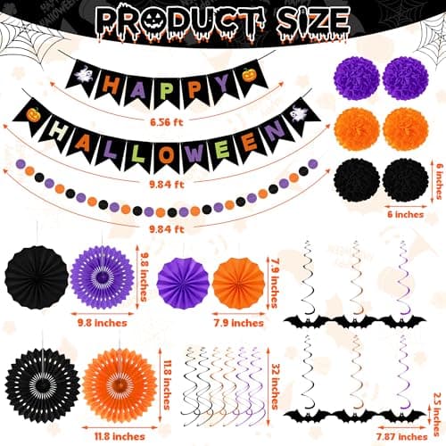 26PCS Halloween Party Decorations, Purple Black Orange Paper Fans Set, Halloween Pompom Banner Garland Fans Hanging Swirls for Trick or Treat Party Decor Accessories Indoor Outdoor Home Decorations view 2