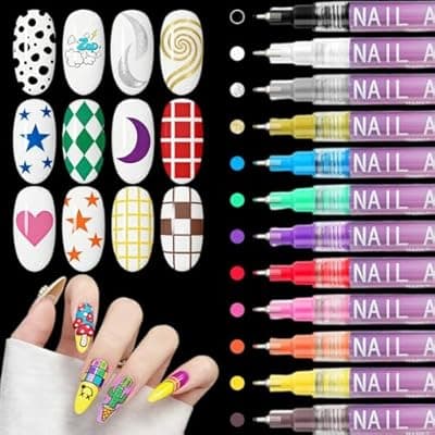 12 Colors Nail Art Markers Set: 0.5mm Fine Nail Art Pens, Waterproof & Quick-Dry Nail Polish Pens for Professional Nail Design, Dotting, Lining, Lettering, and DIY Manicure Art