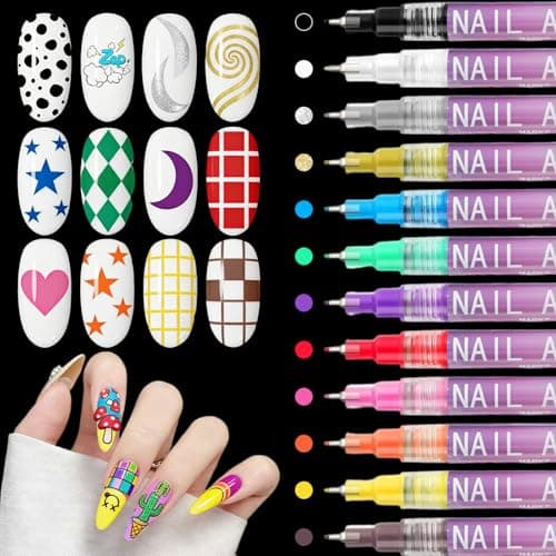 12 Colors Nail Art Markers Set: 0.5mm Fine Nail Art Pens, Waterproof & Quick-Dry Nail Polish Pens for Professional Nail Design, Dotting, Lining, Lettering, and DIY Manicure Art view 1