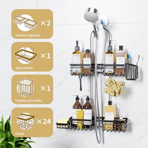 KEGII Shower Caddy Hanging for Handheld Showerheads, Rustproof Hanging Shower Organizer with Soap Dish, Toothbrush Holder and Hooks, Over Showerhead Caddy for Bathroom view 5