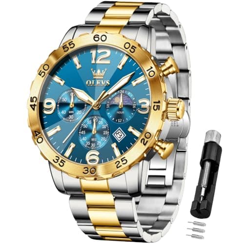 OLEVS Blue Watch for Men Chronograph Luxury Dress Quartz Large Stainless Steel Waterproof Luminous Business Calendar Wrist Watch