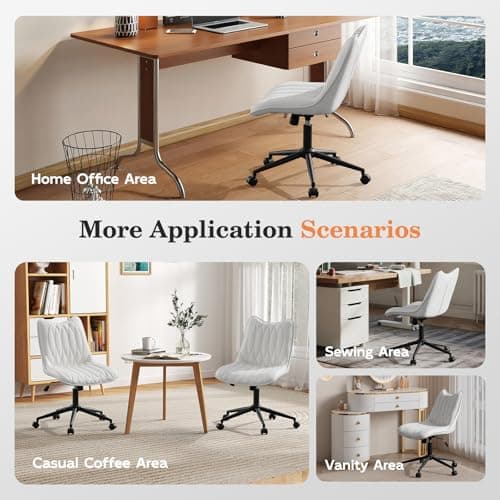 Bananister Armless Office Chair, Desk Chair No Arms, Adjustable Swivel Rolling Task Chair with Wheels, Faux Leather Upholstered, Compact for Small Space Home Office & Bedroom Vanity, White view 6