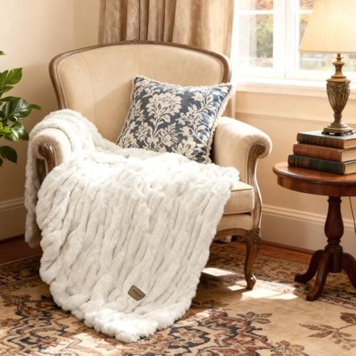 Bedsure Gentlesoft Double-Sided Ruched Faux Fur Throw Blanket for Couch, Cozy Soft Fuzzy Fluffy Faux Rabbit Fur Blanket, Luxury Gifts for Women Thick Warm Plush Room Decor, 50X60 Inch, Cream view 2
