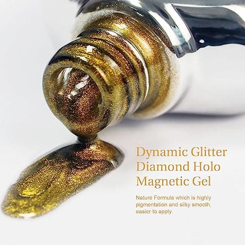 SAGEBIO 15ml Cat Eye Gel Nail Polish with Magnet Stick – Glitter Holographic Magnetic Gel, DIY Manicure Kit for Home Use, Long-Lasting Nail Art, A-Champagne Gold view 3