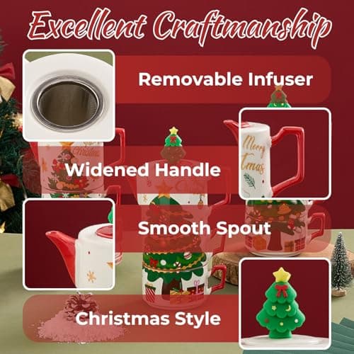 Christmas Tea Set with Removable Infuser, Atarvana Ceramic Tea Set with 1pcs 450ml Teapot, 2pcs 240ml Tea Cups and Saucers, 2pcs Spoons with Gift Box for Family and Kids Christmas Gift view 6
